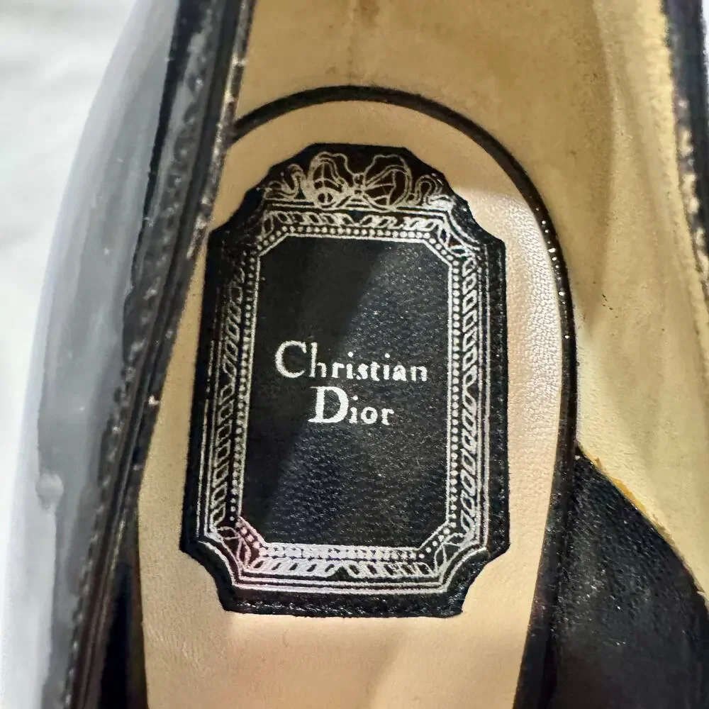 Christian Dior Black Patent Peep Toe Platform Heel Single Shoe 38.5